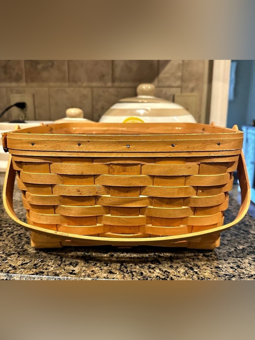 Longaberger Square Handwoven Basket with Swing Handle Wood Basket with Swing